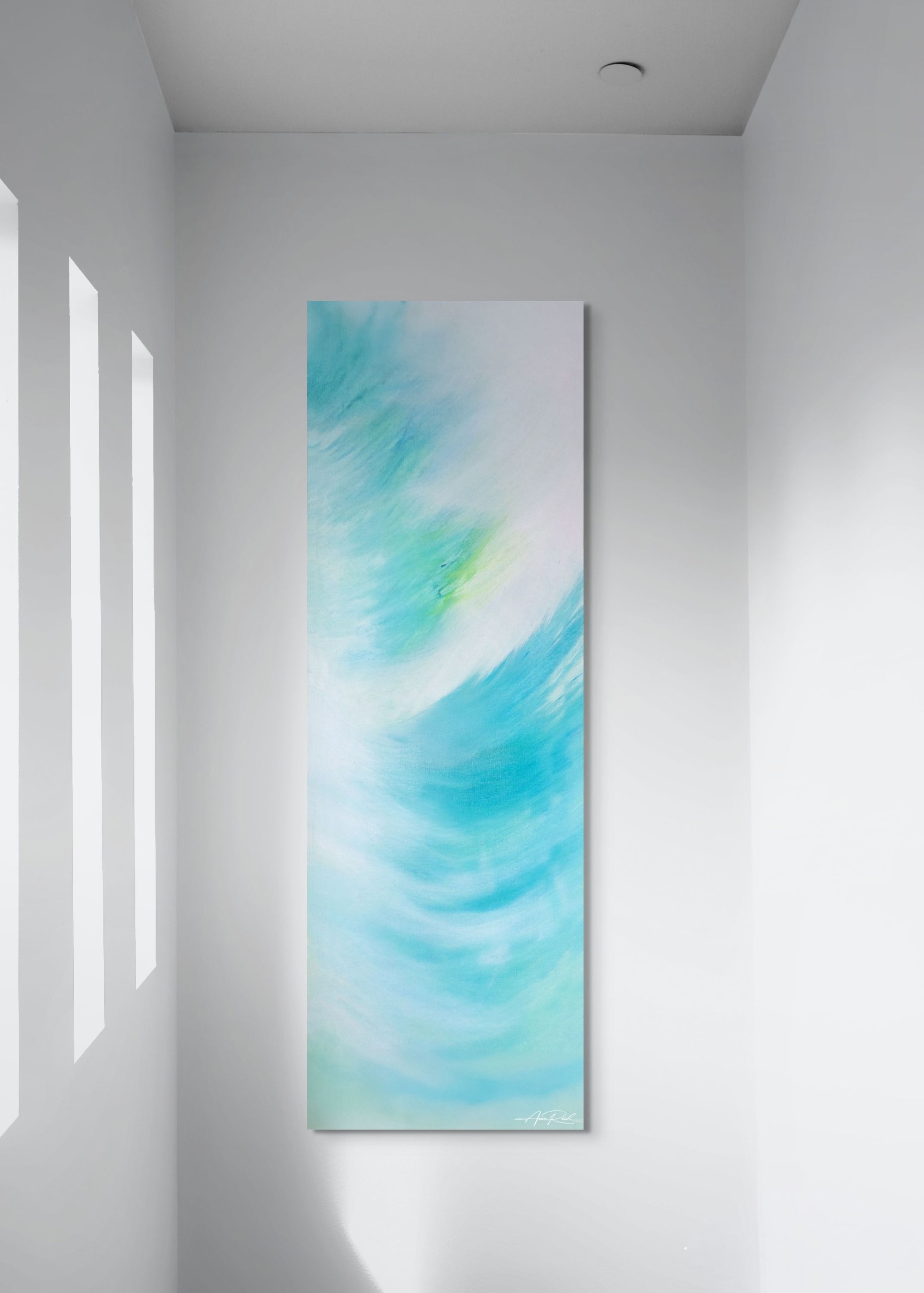 Angelic open edition fine art print by Anne Reid Artist — tall vertical turquoise and aqua sweeping forms suggesting wings, shown in a high-ceilinged white hallway.