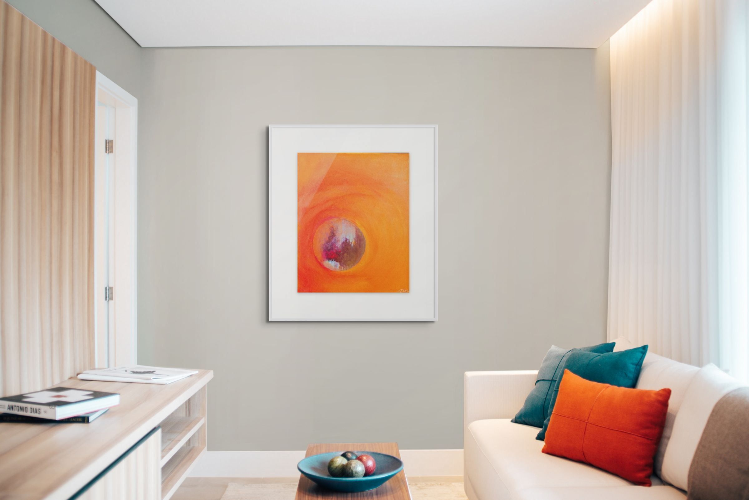 Altar 7, print by Anne Reid Artist shown framed above a sofa in a neutral living room setting.