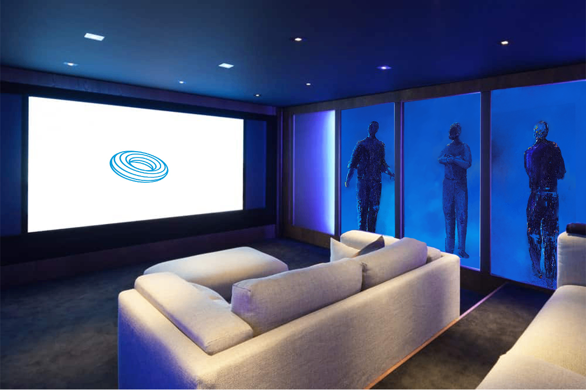 Blue Men series by Anne Reid Artist — three original works shown in high-end audio room setting