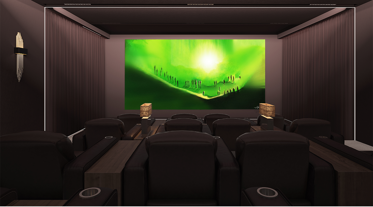 Valley of Decision 2, metal wall art by Anne Reid Artist shown above tiered seating in a home theater setting.