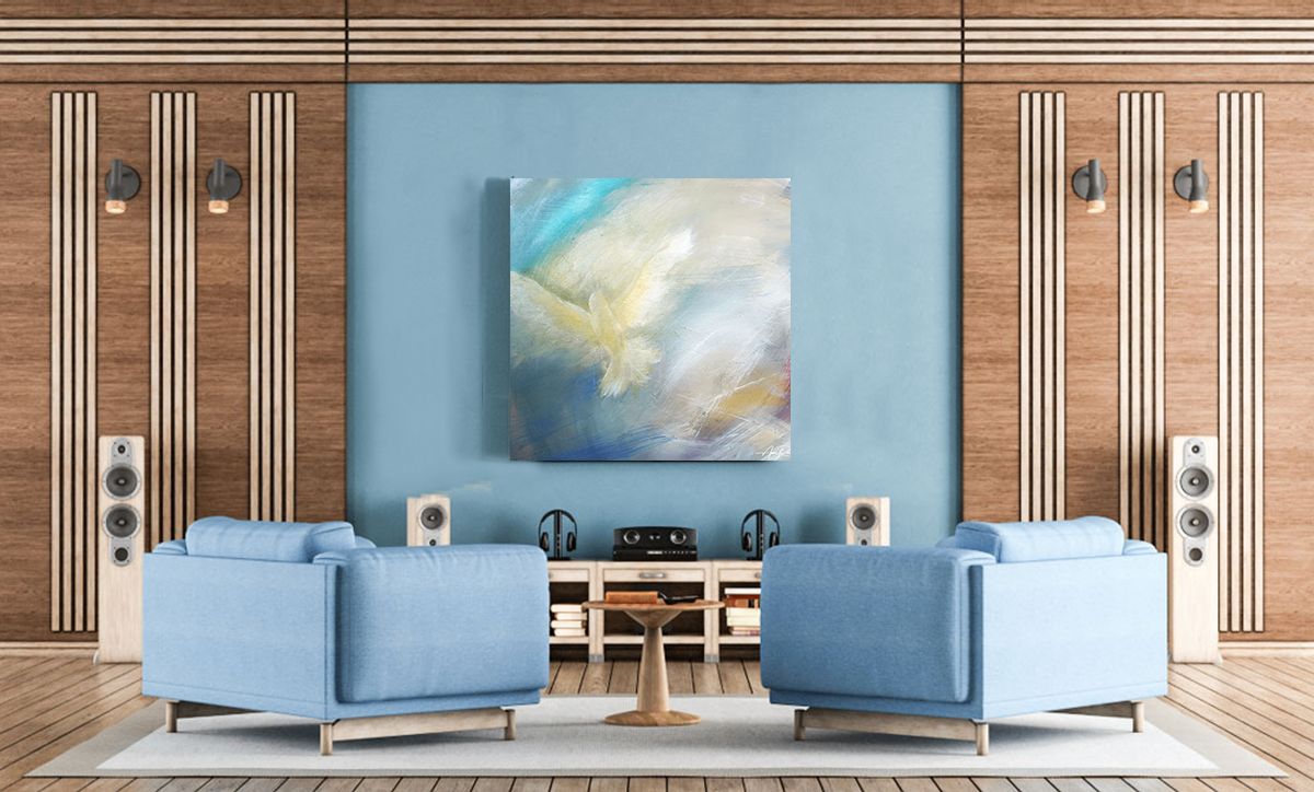 Dove by Anne Reid Artist — fine art metal print shown in listening room setting