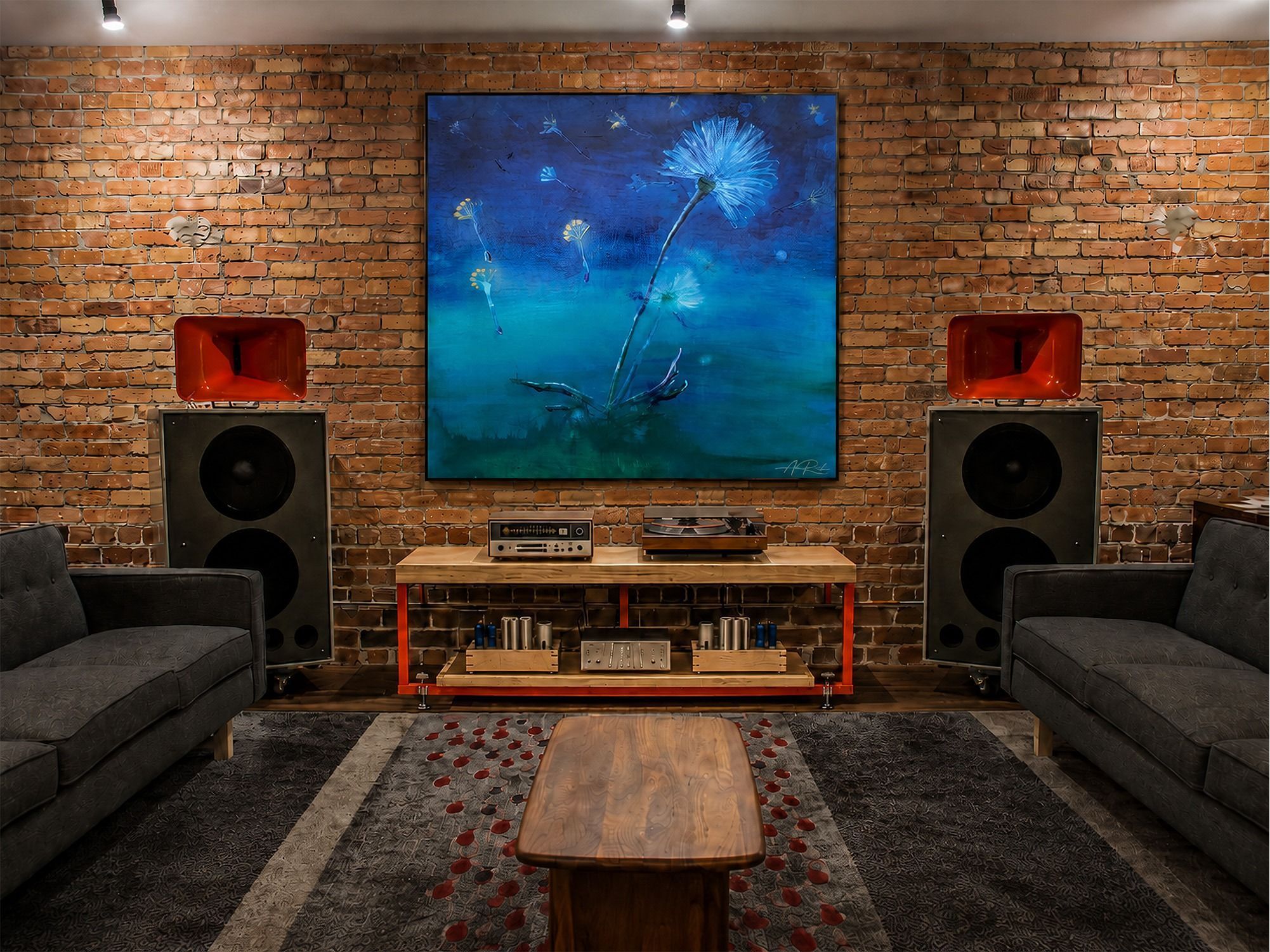 Light & Momentary, metal print by Anne Reid Artist shown centered above a hi-fi system in a listening room setting