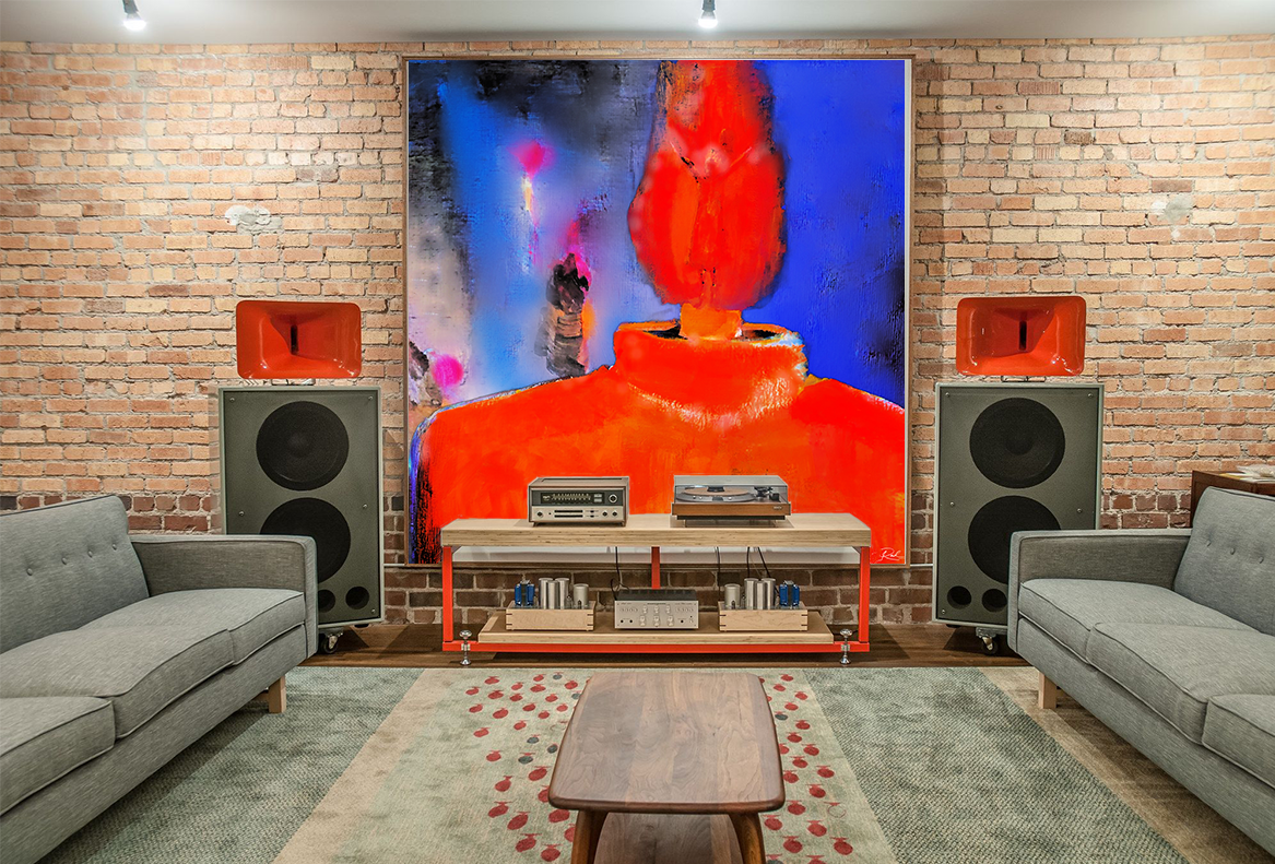 Shine 5, metal print by Anne Reid Artist shown above an audio credenza in a vinyl listening room setting