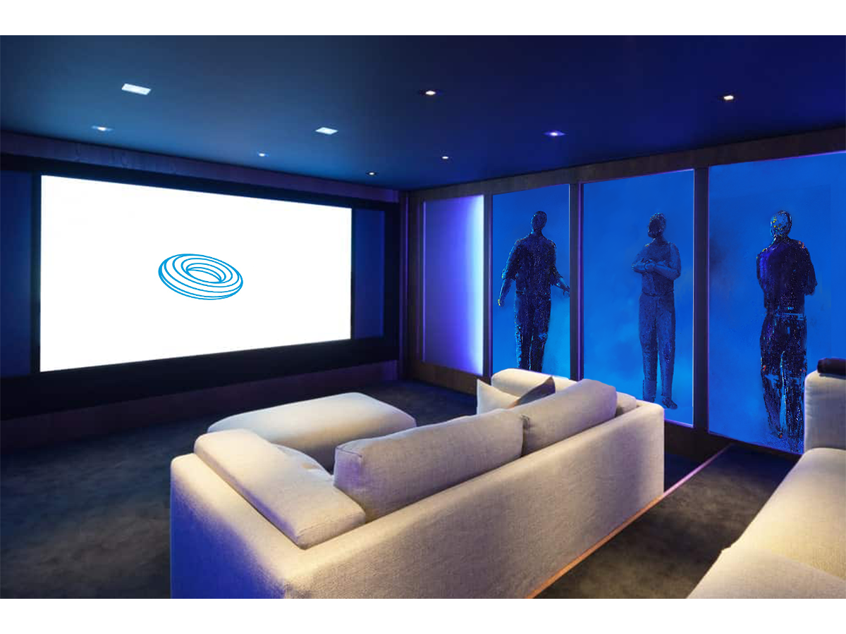 Blue Man series metal prints by Anne Reid Artist shown in a dedicated listening room interior setting with projection screen.