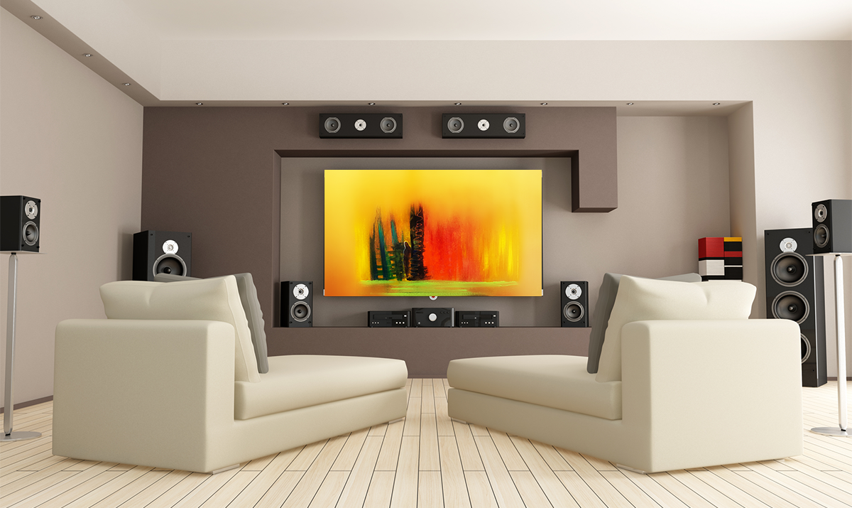 Cleft 2, metal print by Anne Reid Artist shown above audio equipment in a listening room setting
