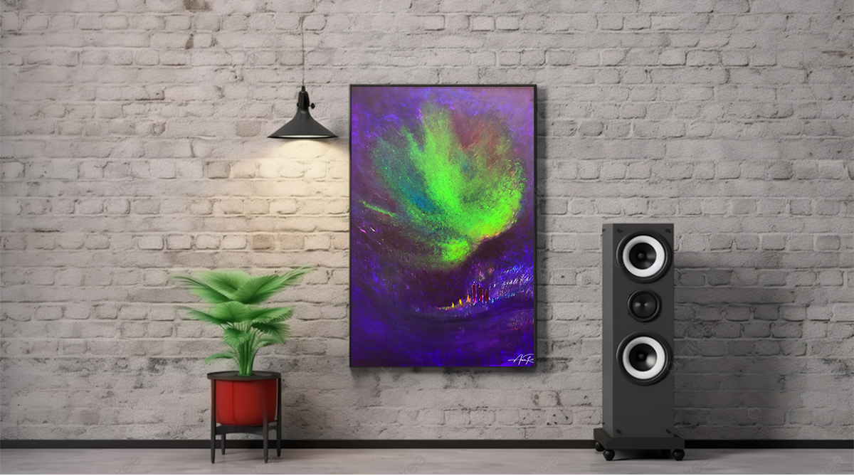 Zebulun, metal print by Anne Reid Artist shown on a brick wall beside a floor-standing speaker in a listening room setting
