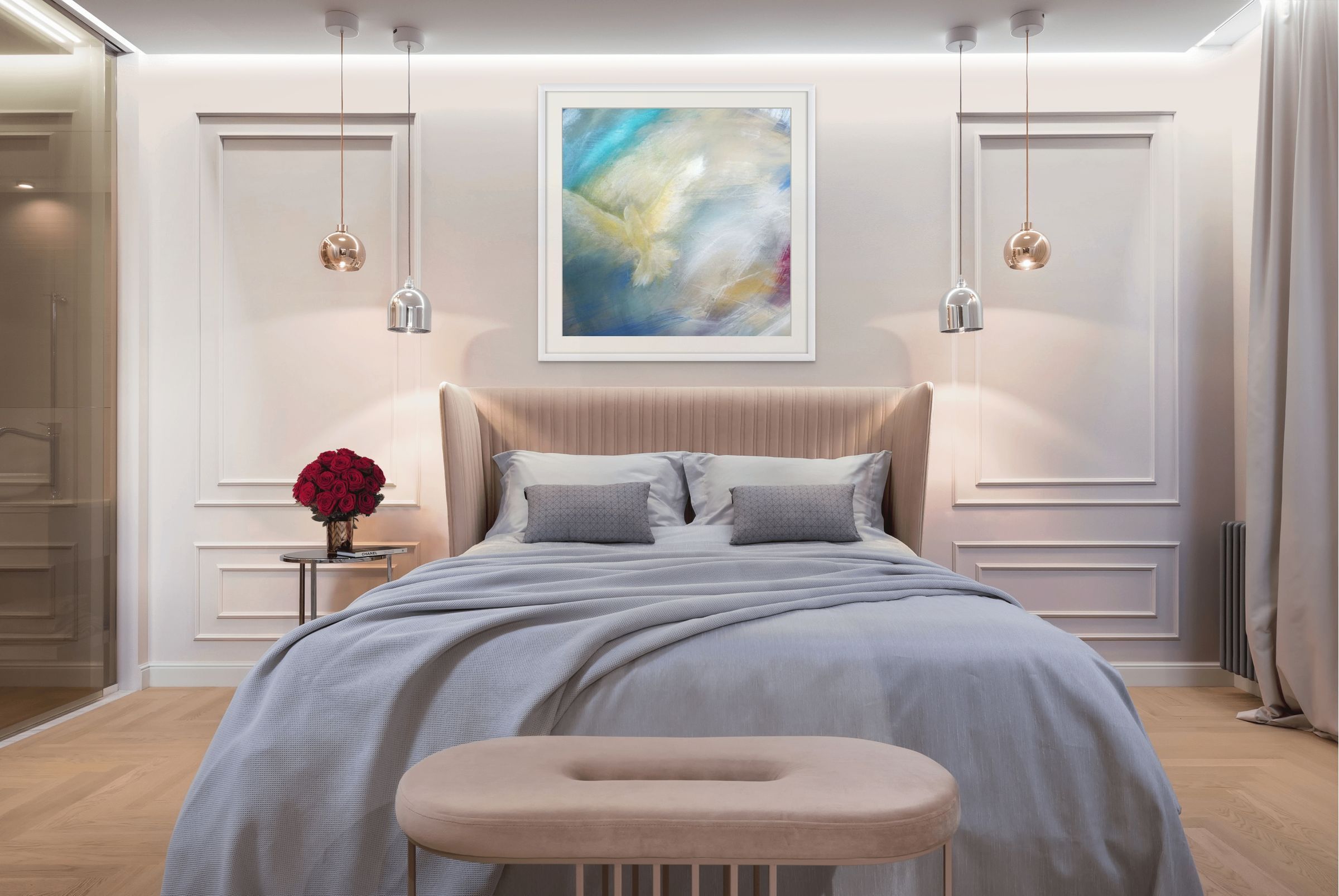 Dove open-edition fine art print in white frame centered above a bed in an elegant neutral bedroom