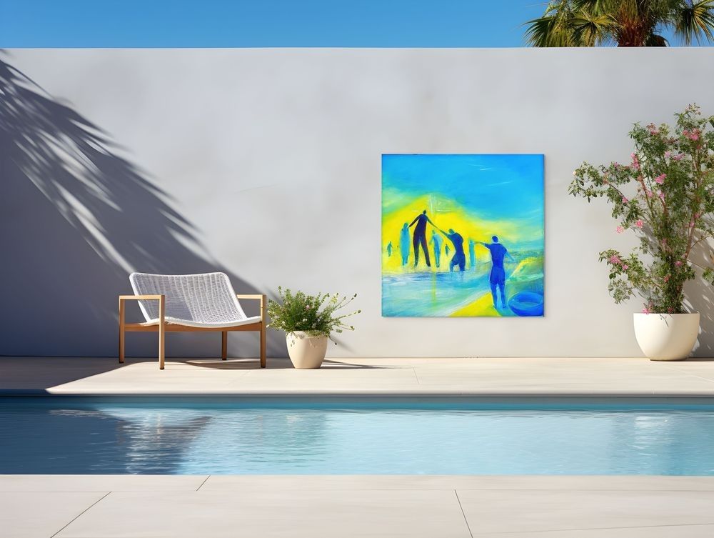 A River Runs Through It open edition fine art print by Anne Reid Artist — soft blues and gold light in a square format, shown in a poolside setting emphasizing calm and renewal.