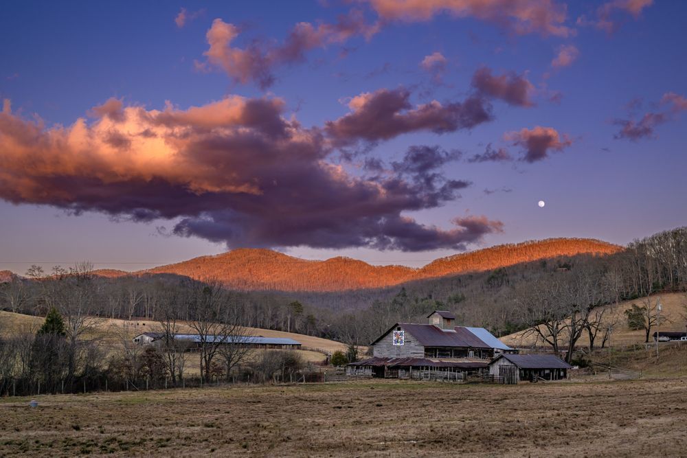 Mountain Moonrise Against The Sunset Of A Great Barn Photography Art | kramkranphoto