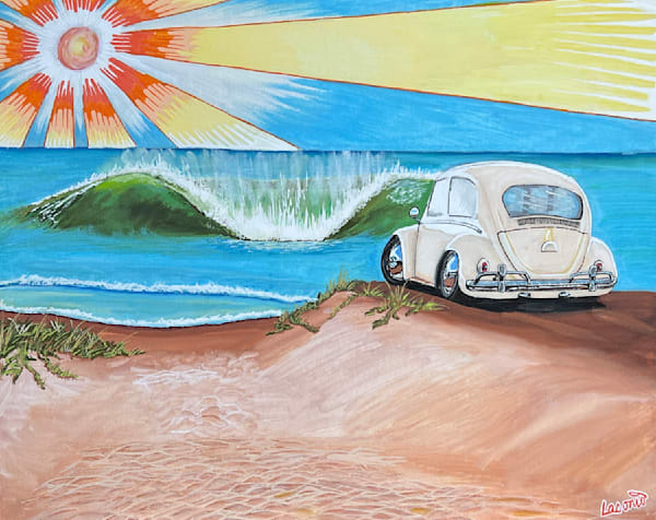 Surf Art Painting By John Lasonio Of A VW Bug A The Beach. 