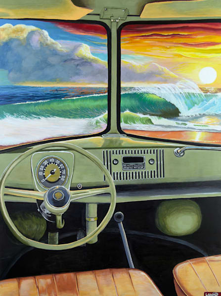 Vintage Car Oceaan Sunset Wall Art - Driver's Seat View Of A Perfect Surf Wave