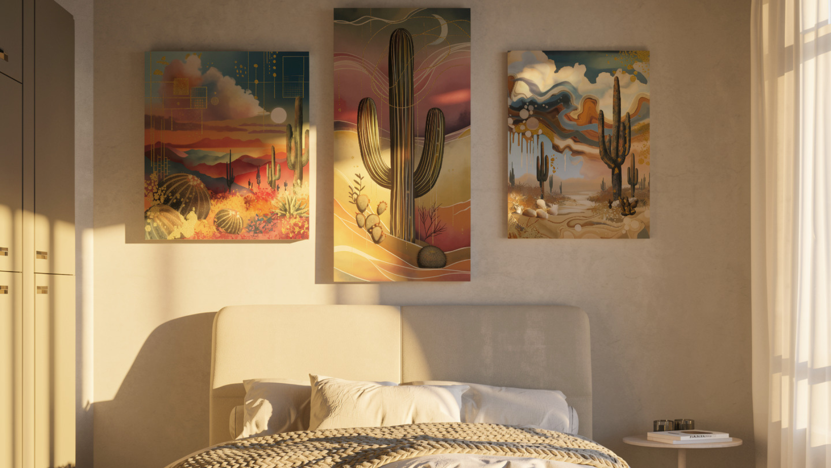 Three of the featured six art prints displayed in a bedroom. From left to right - Vivid Desert Dream, Desert Dreamlines, Cacti Cloud Waltz.