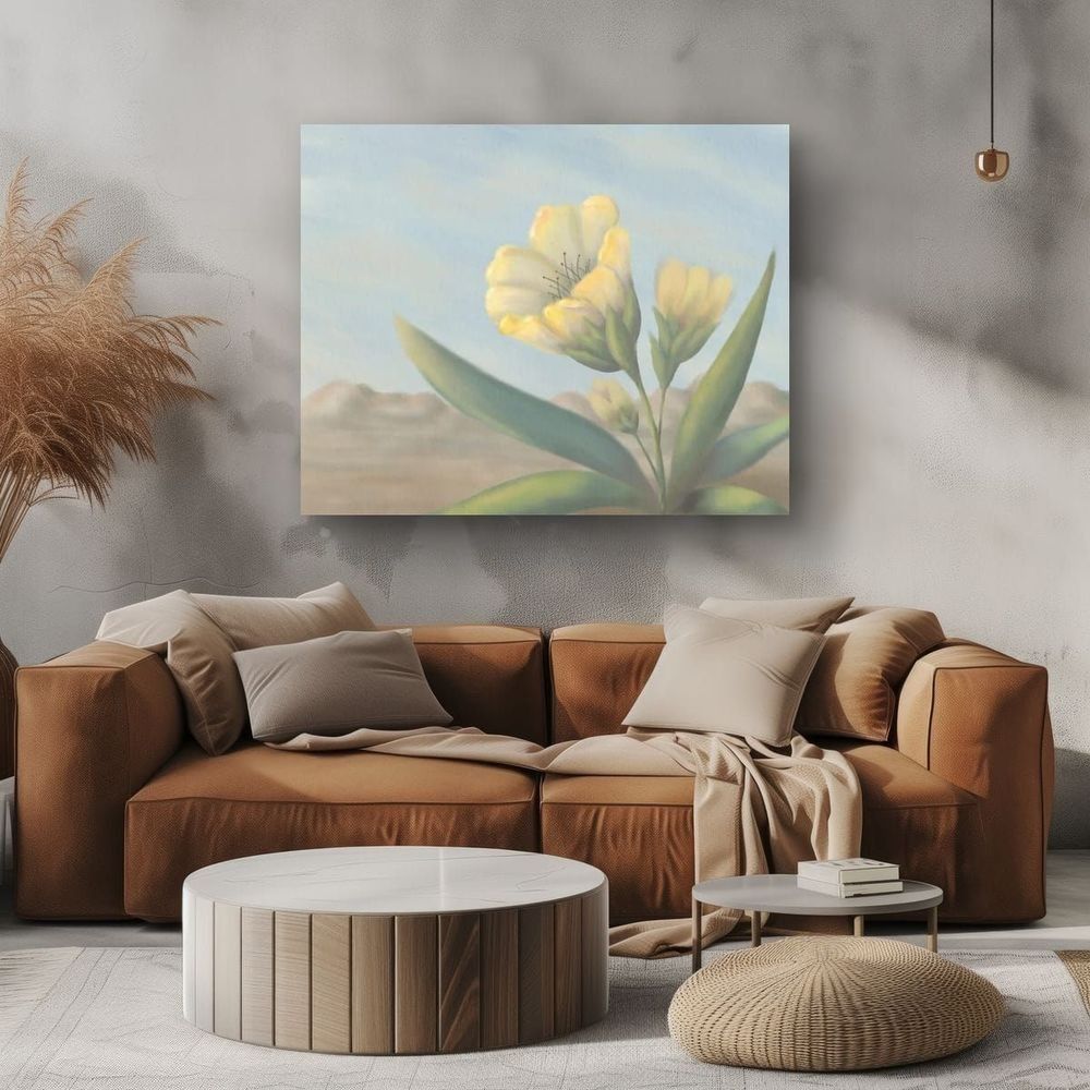 Waiting displayed on a wall above a living room sofa.