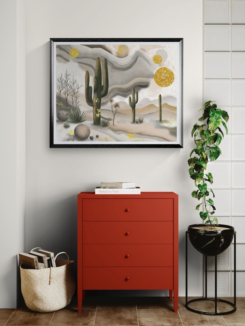 Mesa Melt depicted in a frame on a well above a set of drawers.