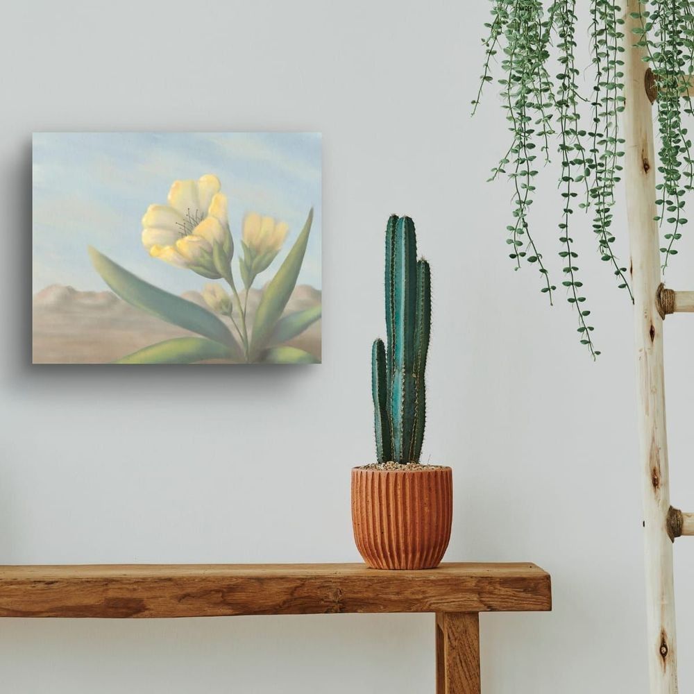 Waiting, based on the evening primrose, displayed on a wall above a bench.