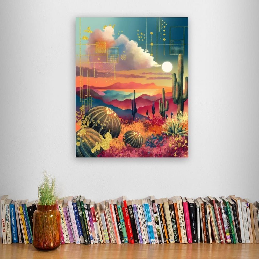 Vivid Desert Dream displayed on the wall above a shelf.