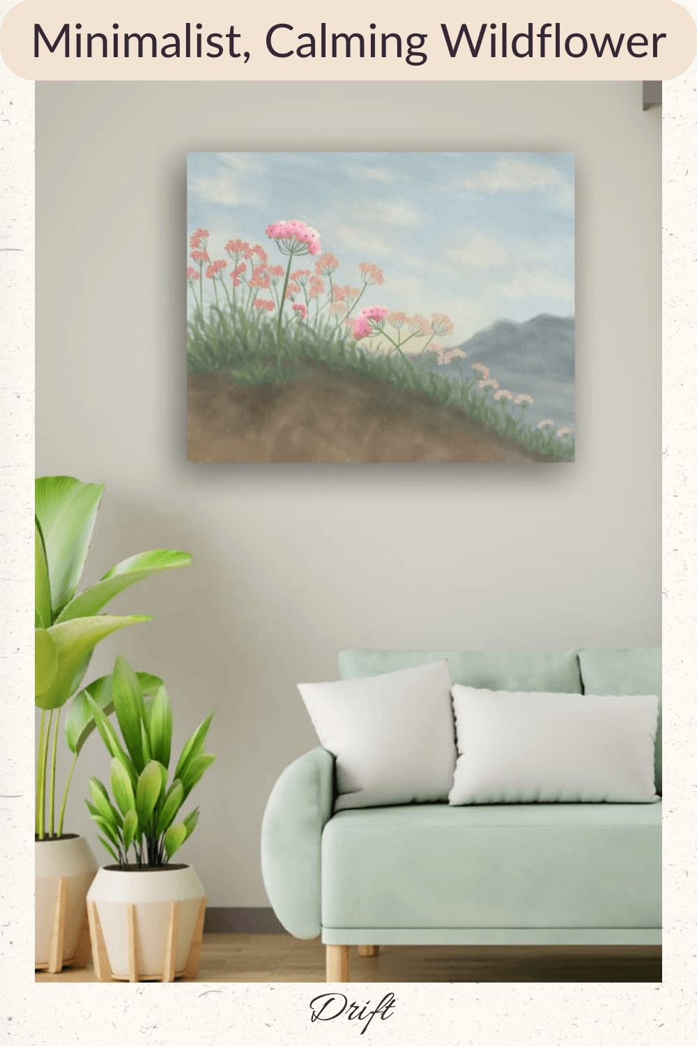 Minimalist, calming wildflower painting displayed on the wall in a living room.