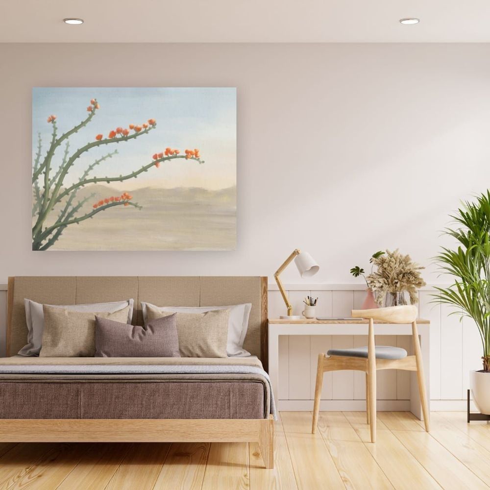 Thin Music, fine art print, displayed hanging above a bed in a bedroom.
