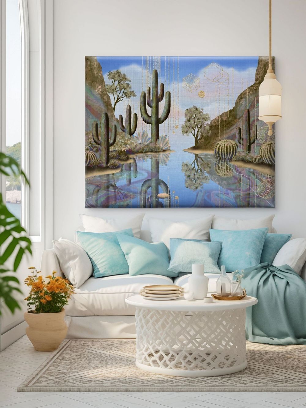 Luminous Mirage displayed above a sofa.
