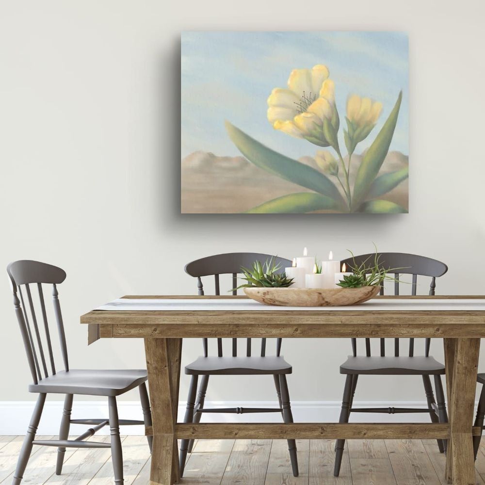 Waiting, a minimalist desert floral painting, displayed above a kitchen dining table.