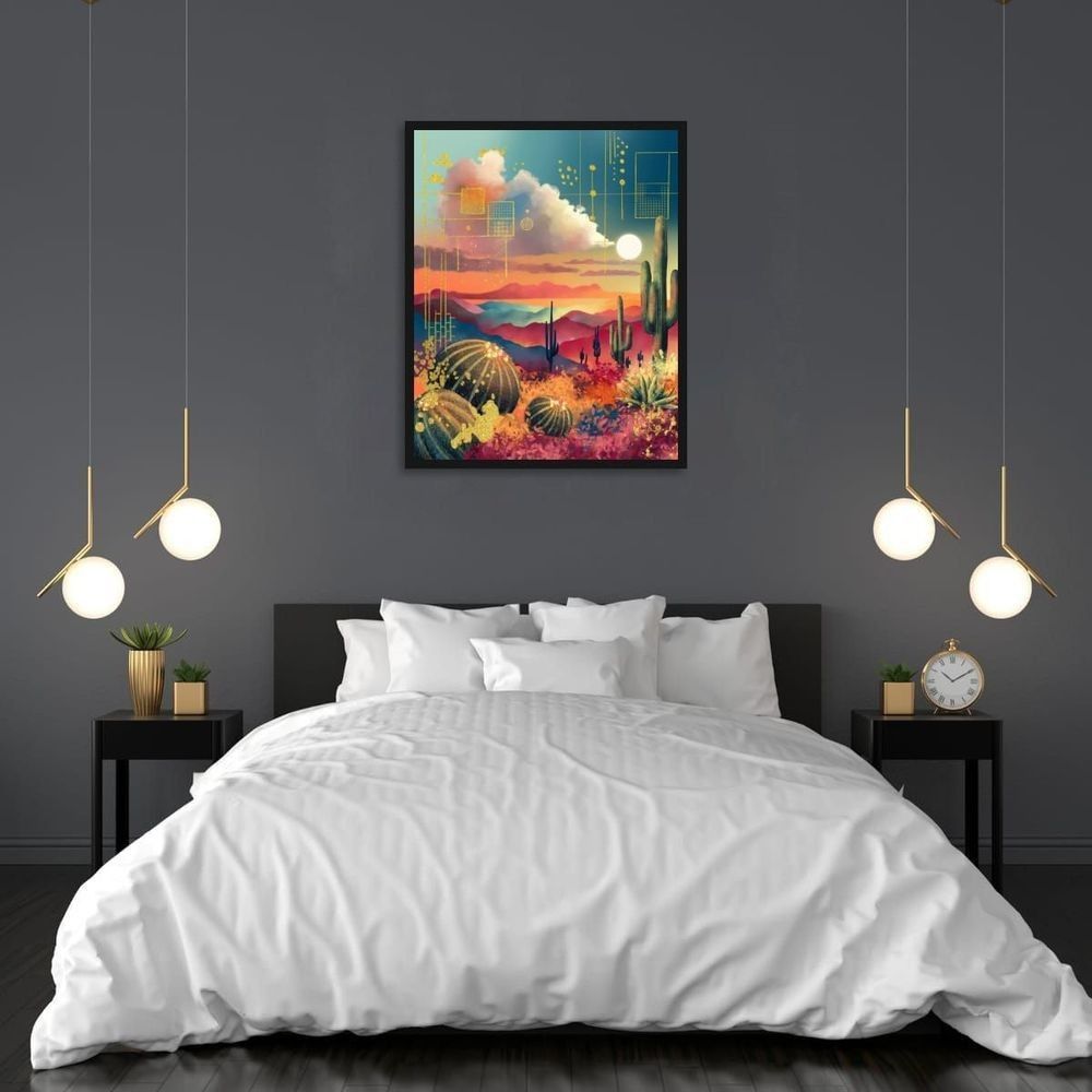 Vivid Desert Dream displayed on the wall above a bed.