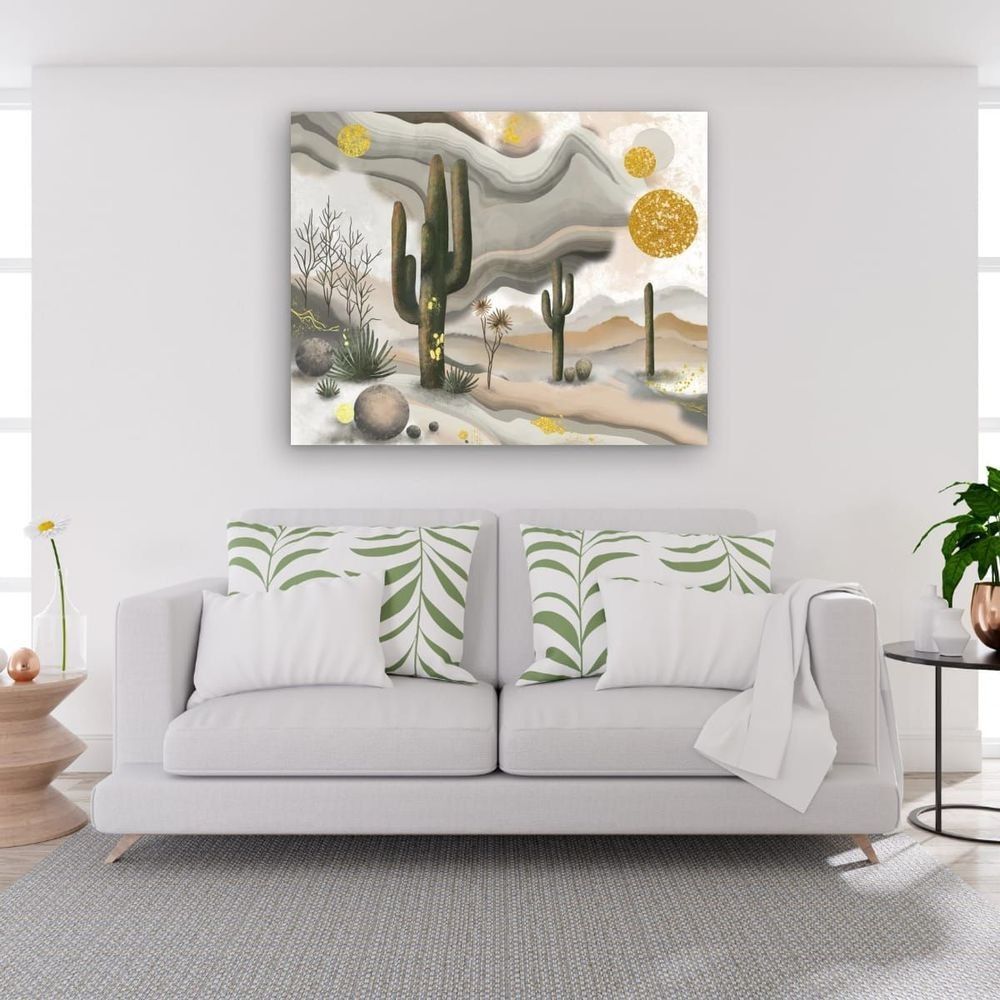A modern living room with a stretched canvas print of Mesa Melt hanging on the wall above the couch.
