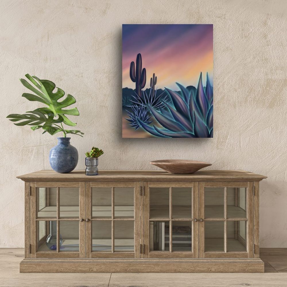 The Hour Between Warm and Cool is a desert painting featuring a soft gradient sky and luminous agave and saguaro cacti.