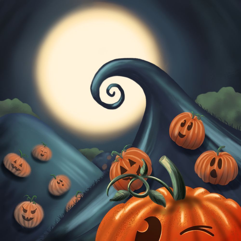 Whimsical Halloween Under the Moon - Playful Pumpkin Art