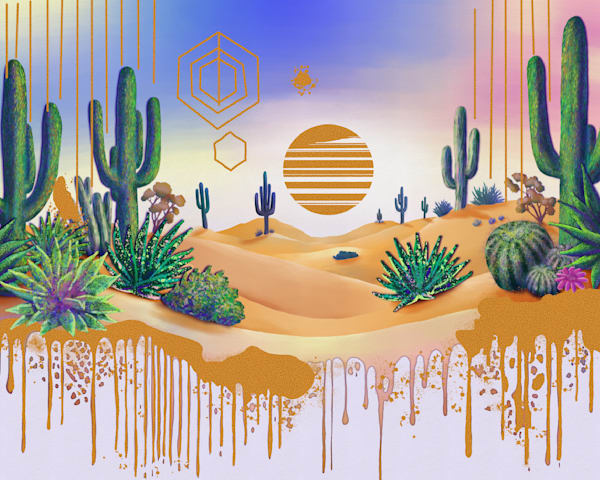 Golden Sands Morning Skies: Digital Desert Sunrise Art with Cacti and Golden Textures
