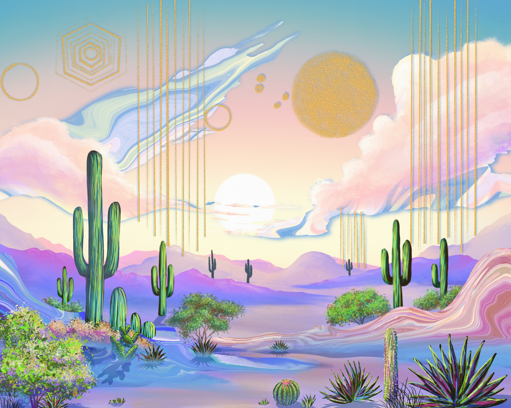 Golden Threads of Cacti Dreams - Unique Landscape Art Prints & Gifts