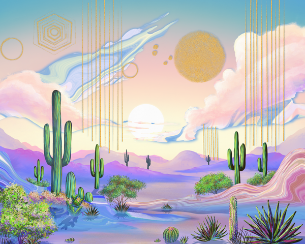Golden Threads of Cacti Dreams - Unique Landscape Art Prints & Gifts