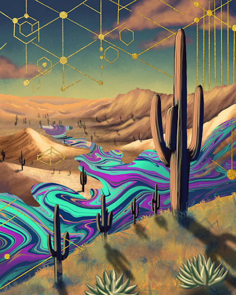 Desert Dreams in Gold | Mystical Desert Landscape Art by Paintpourium