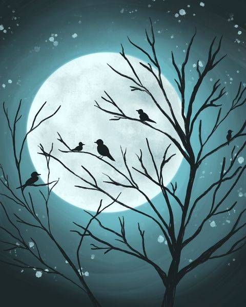 Lunar Lullaby: Digital Painting of Birds Resting Under a Full Moon