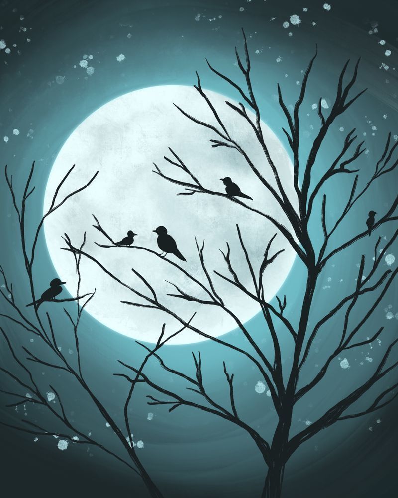 Lunar Lullaby: Digital Painting of Birds Resting Under a Full Moon