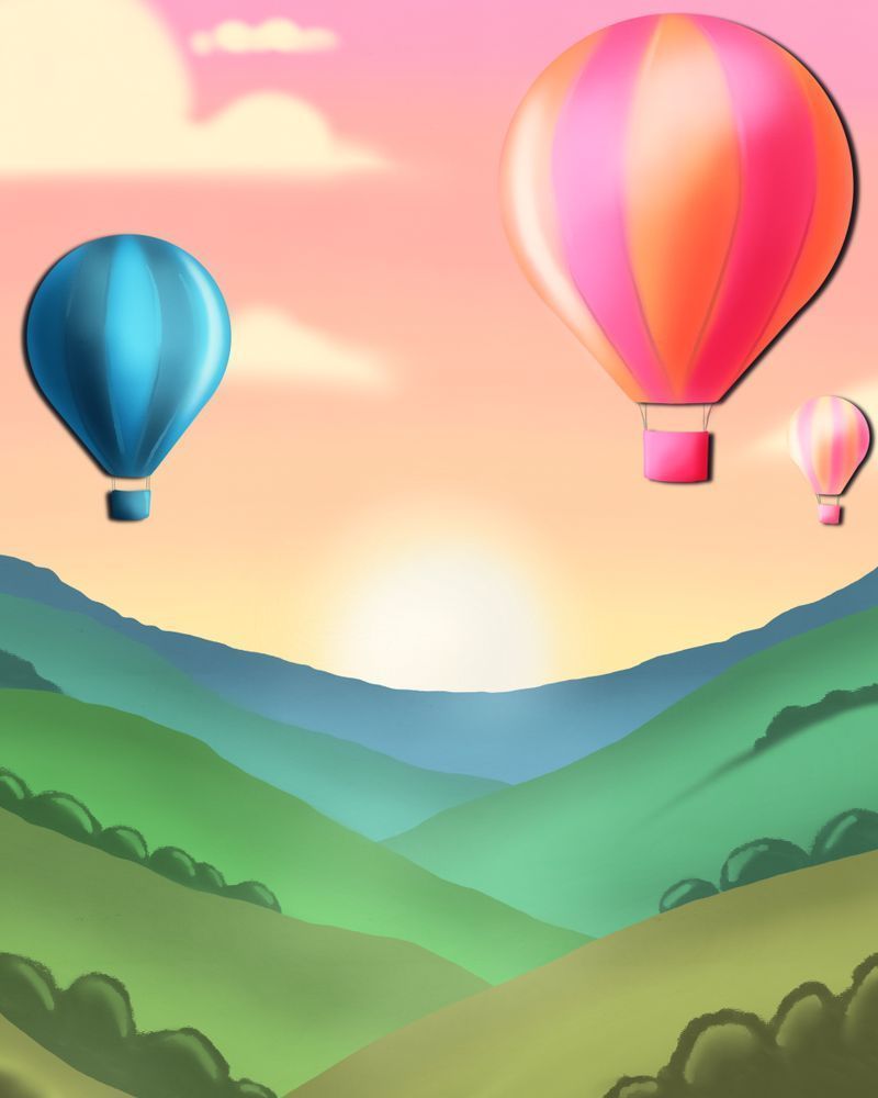 Sunset Soar: Digital Painting of Hot Air Balloons Over a Sunset Landscape