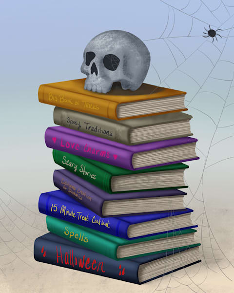 Spectral Study: Digital Painting of a Spooky Stack of Books with a Skull