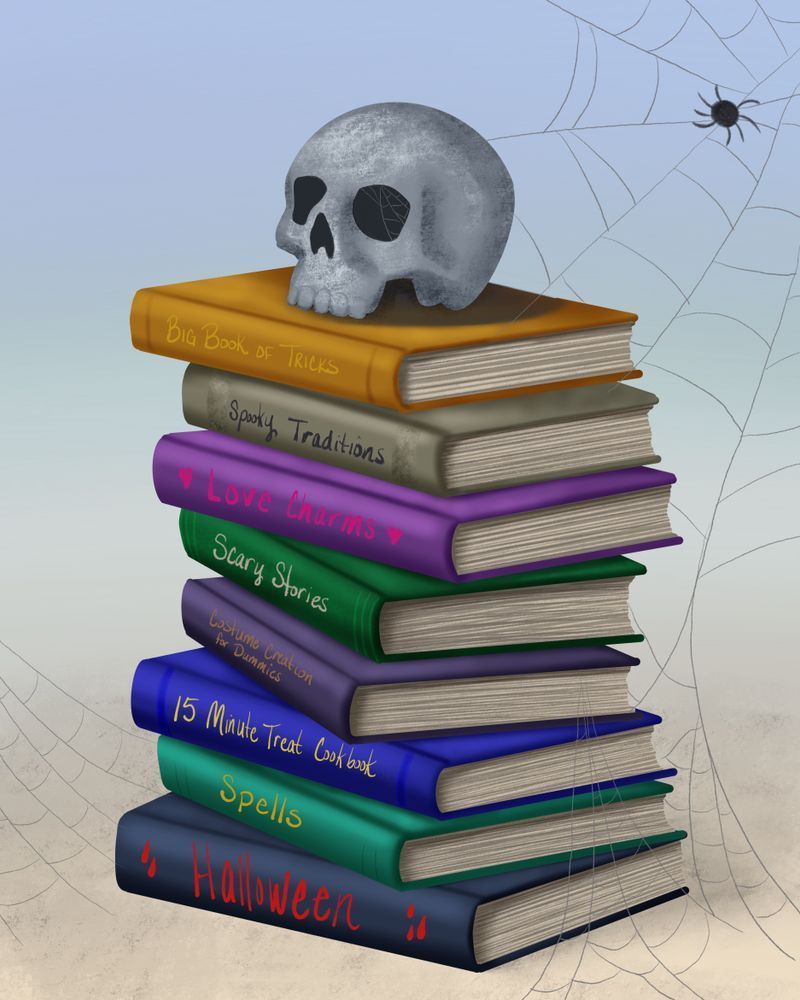 Spectral Study: Digital Painting of a Spooky Stack of Books with a Skull