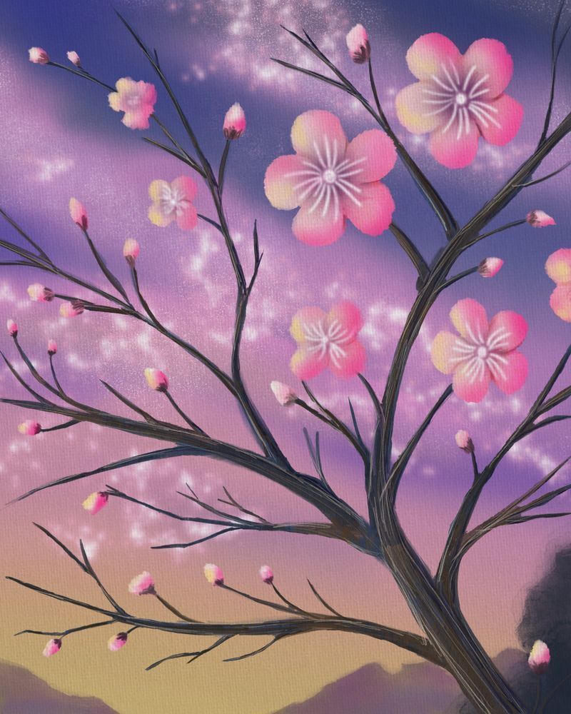 Twilight Blossoms: Digital Painting of Cherry Blossoms Against a Vibrant Twilight Sky
