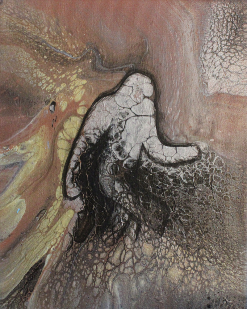 "Big Foot Found" Fluid Art Painting - Tan, Gold, Silver and Black