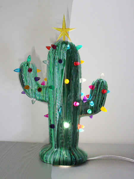 Lighted Ceramic Cactus Acrylic Pour Original