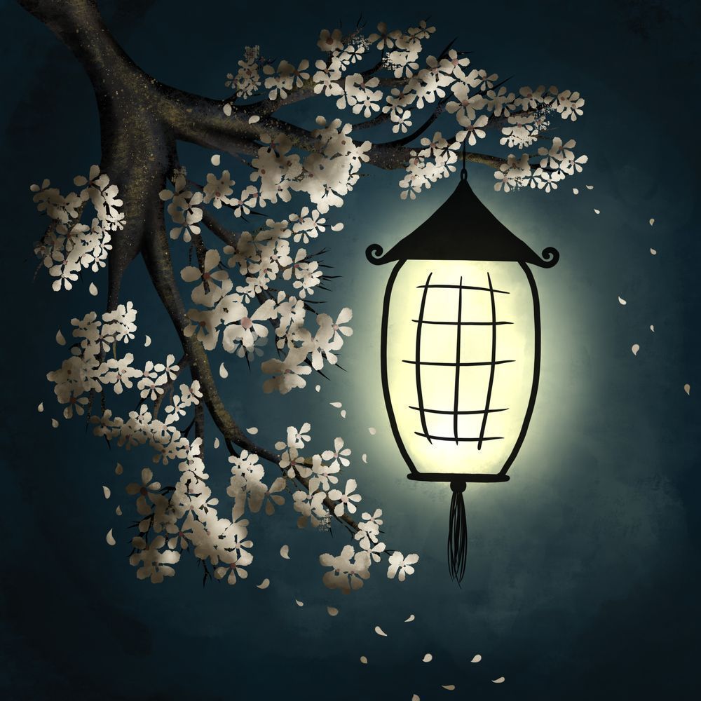 Lantern Glow Among Blossoms - Serene Night Artwork