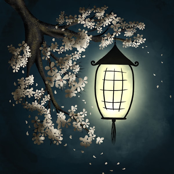 Lantern Glow Among Blossoms - Serene Night Artwork