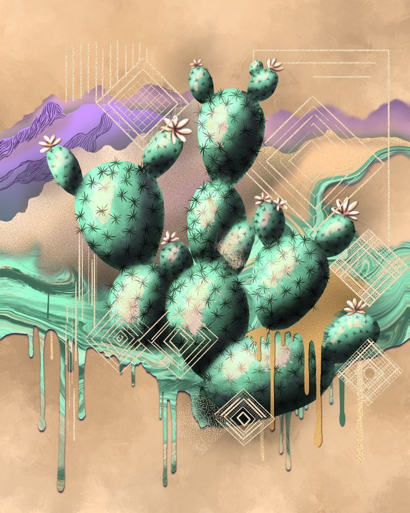 Prickly Pear Pulse: Digital Painting of a Surreal Desert Cactus with Geometric Designs