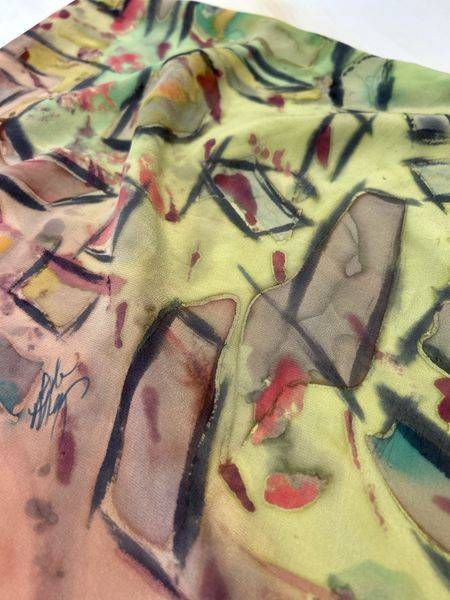 Green & Coral Hand Painted Abstract Silk Scarf