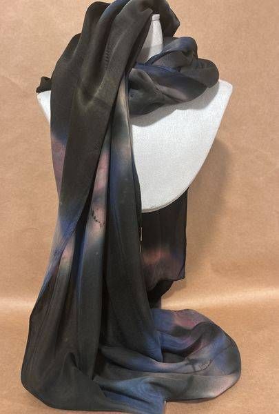Black Hand-Painted Silk Scarf with Soft Blue and Pink Accents