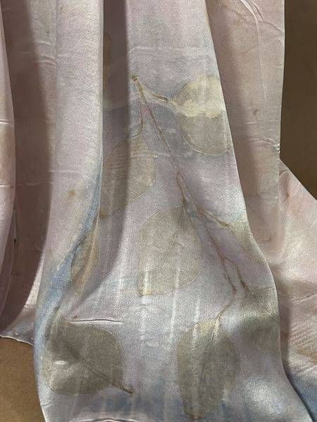 oft Pink and Golden Eucalyptus Botanical Silk Scarf with Blue and Taupe Accents