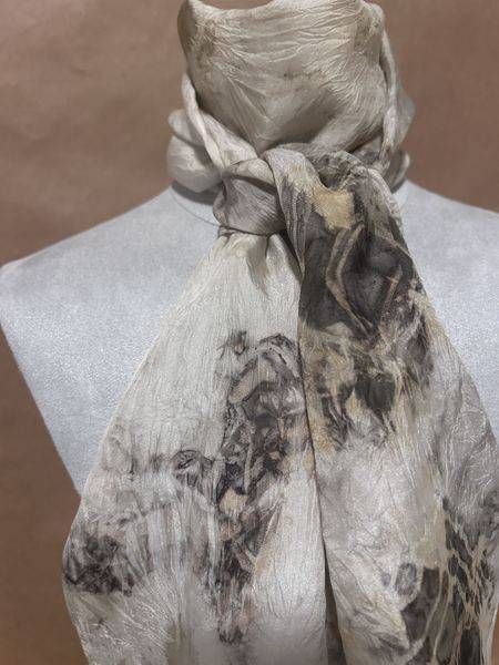 Natural Taupe Botanical Silk Scarf with Grey, Brown and Yellow Accents