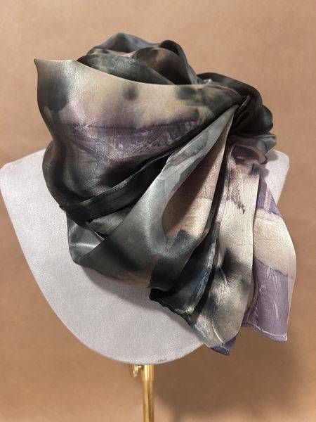 Forest Green and Taupe Botanical Silk Scarf with Soft Yellow Accents