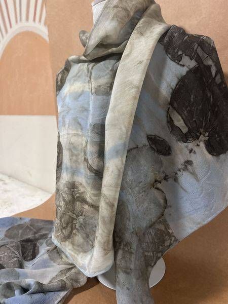 Soft Blue Leaf Print Silk Scarf | Hand-Painted Botanical Art