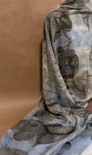 Soft Blue and Grey Leaf Print Silk Scarf with Taupe Accents